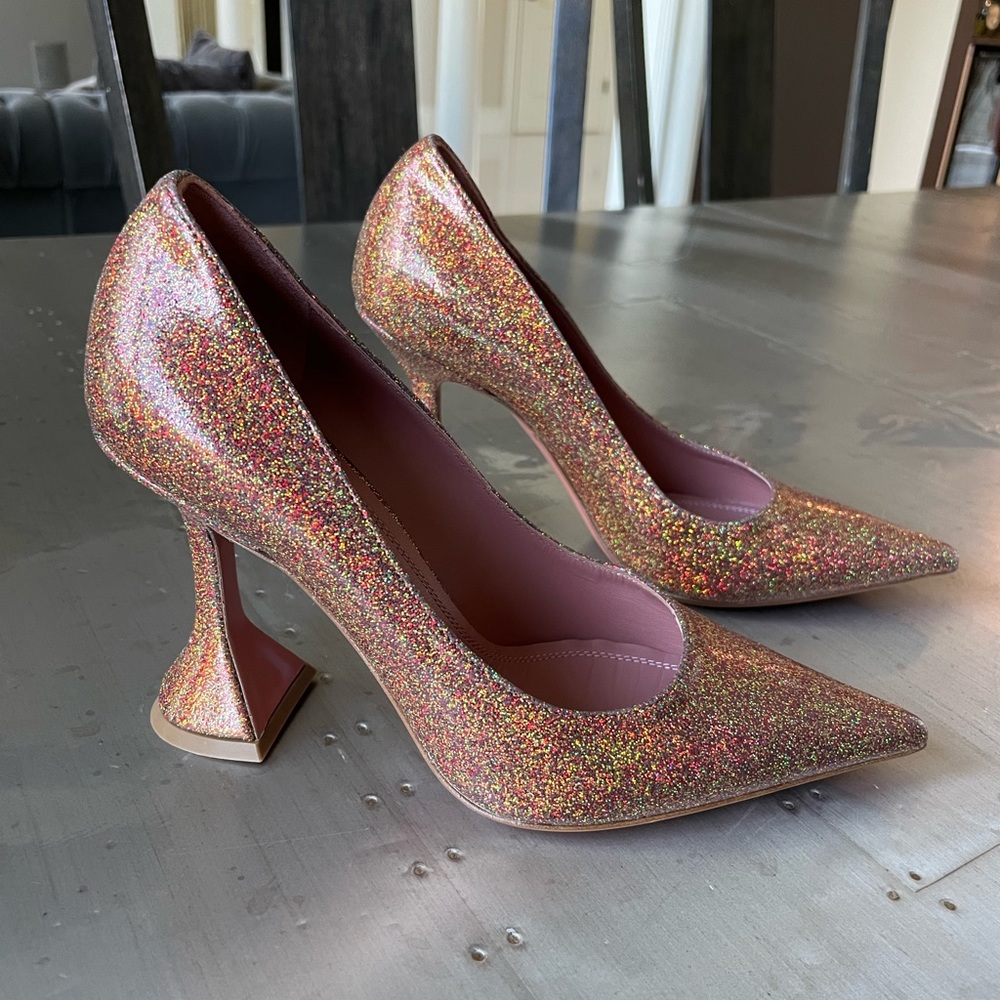Amina Muaddi gold patent metallic glitter stiletto pump sz 36